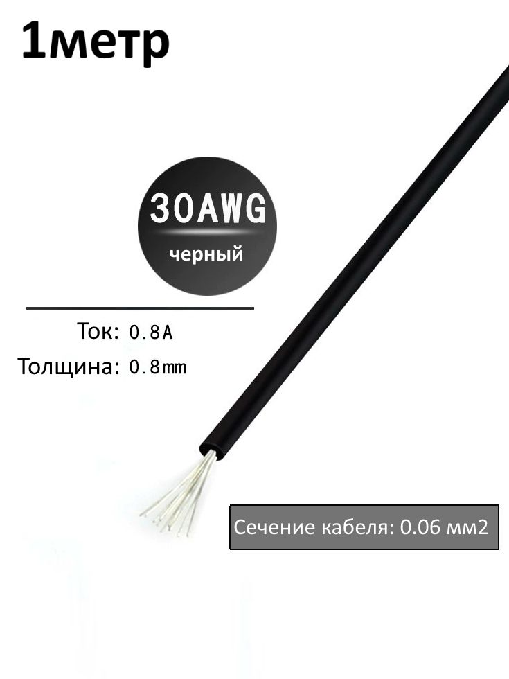 Провод электрический 30AWG, 0.06 кв.мм черный многожильный картинка №1