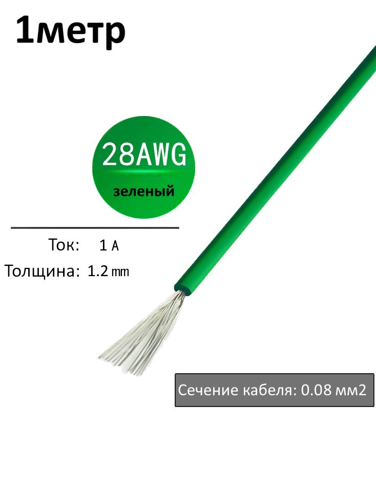 Провод электрический 28AWG, 0.08 кв.мм зеленый многожильный картинка №1