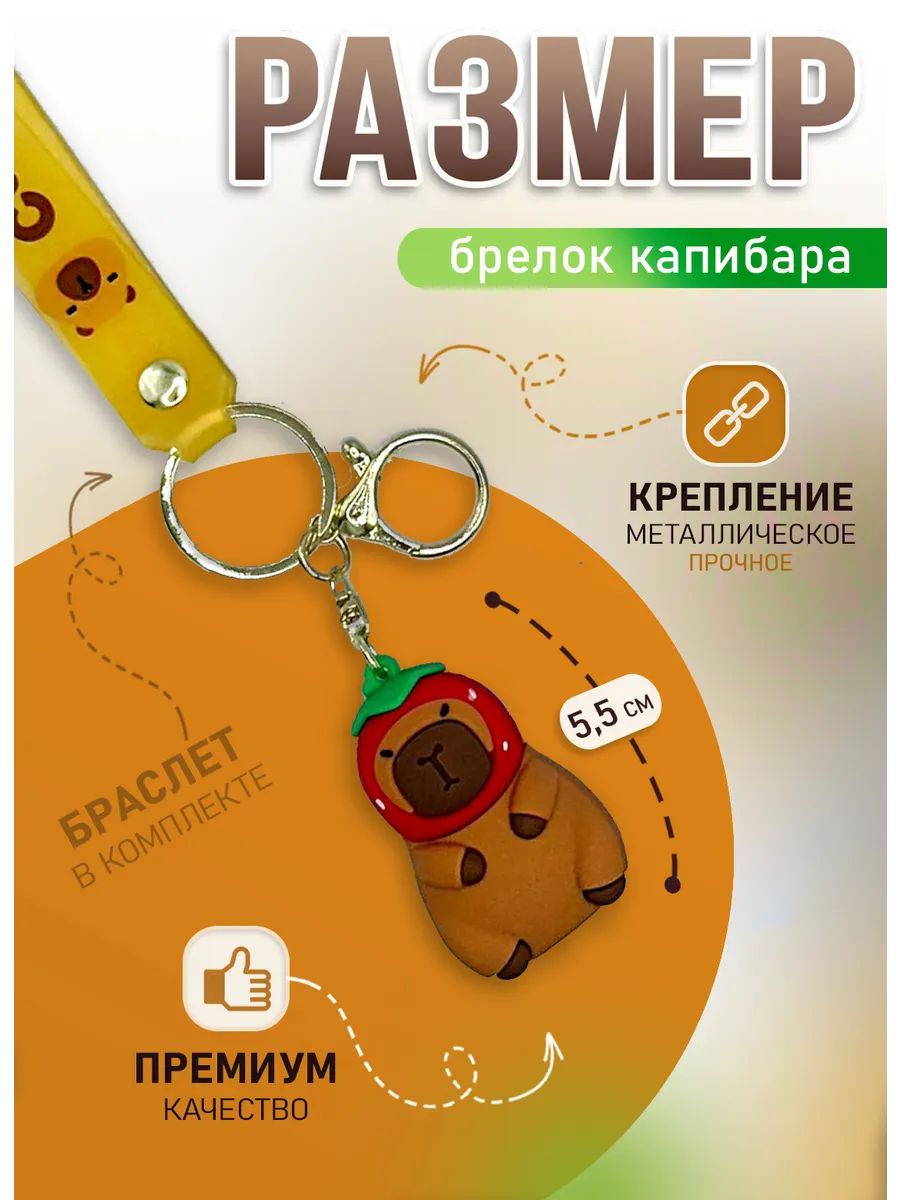 Брелок Капибара в шапке-клубничке для ключей, сумки картинка №2